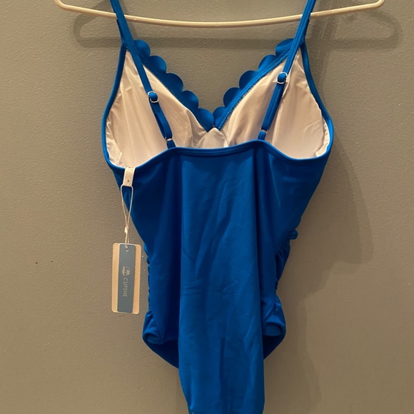 Cupshe One Piece Swimsuit Scalloped Neckline Ruched Waist Bright Blue - Picture 6 of 12